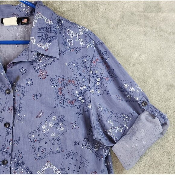 Tapestry Shirt Womens Extra Large Blue Bandana Vintage Button Up Long Sleeve USA - Picture 9 of 12